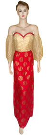 Off Shoulder Pearl & Crystal Beaded Cream Red Silk Gown. Medium.