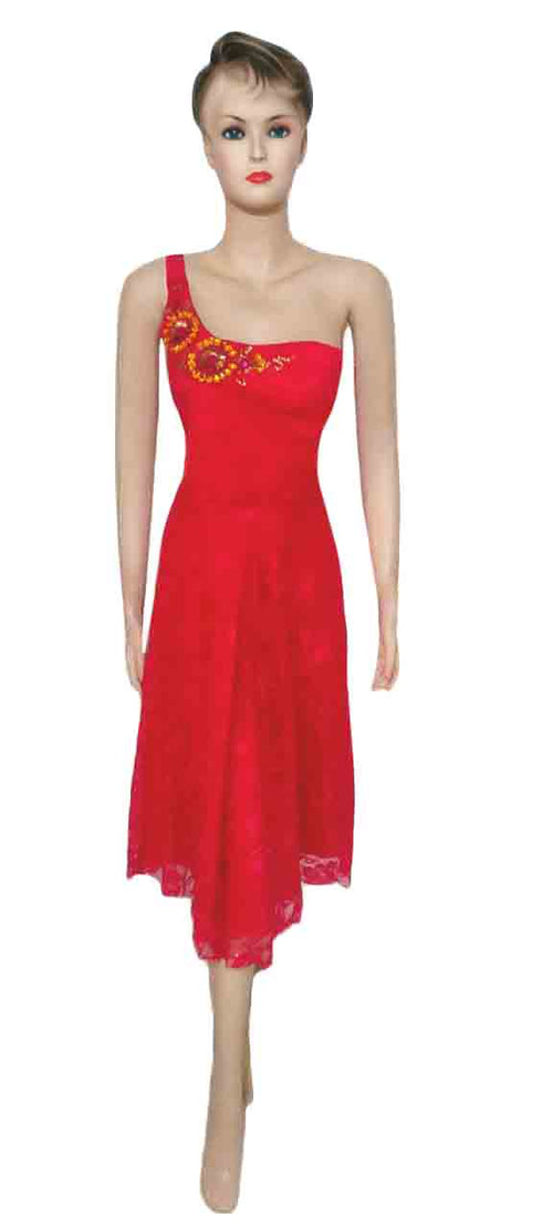 One shoulder Artful Crystal Beaded Silk Katan Net Midi. Medium