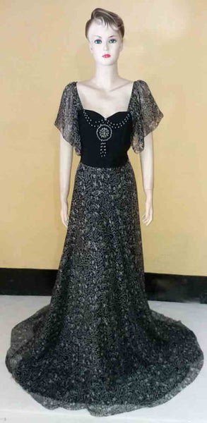 Pearl Beaded Printed Chiffon Gown. Medium.