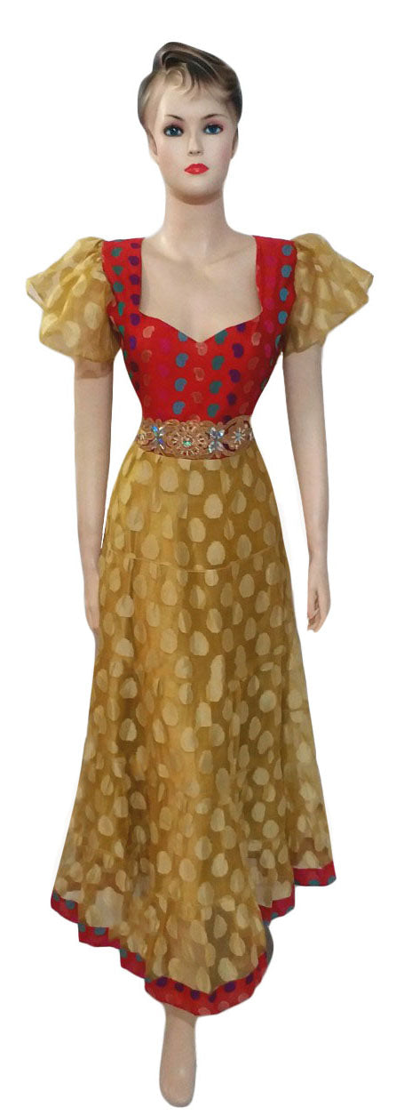 Short Sleeve Gold Crystal Beaded Gown. Medium