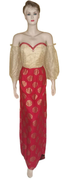 Off Shoulder Pearl & Crystal Beaded Cream Red Silk Gown. Medium.