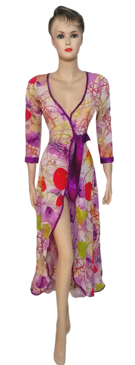 Off Shoulder Multicolored Printed Linen Gown. Medium