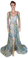 Crystal & Pearl Beaded Printed Tissue Silk Gown. Medium