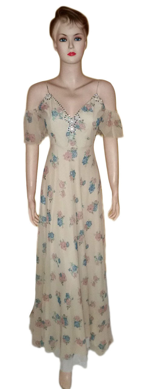 Off Shoulder Artful Crystal  Beaded Printed Gown. Medium