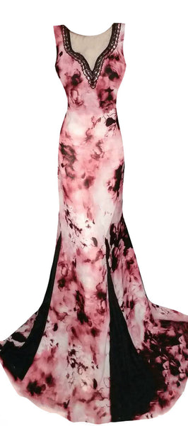 Crystal Beaded 1960s Printed Chiffon Gown. Medium.