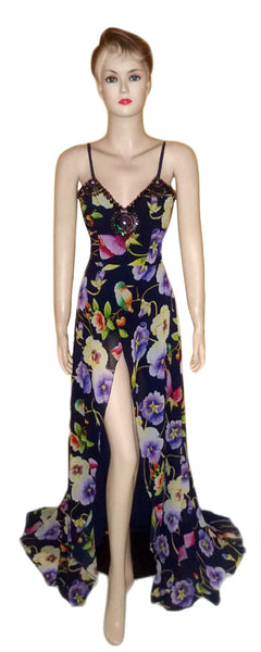 Artful Crystal Beaded Floral Georgette Gown. Medium