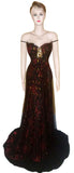 Off Shoulder Artful Crystal Beaded Royal Katan Net Gown. Medium