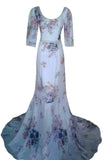 U Neck Crystal & Pearl Beaded Printed Gown, Medium