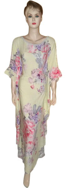 Crystal Beaded Floral Printed Linen Gown. Medium