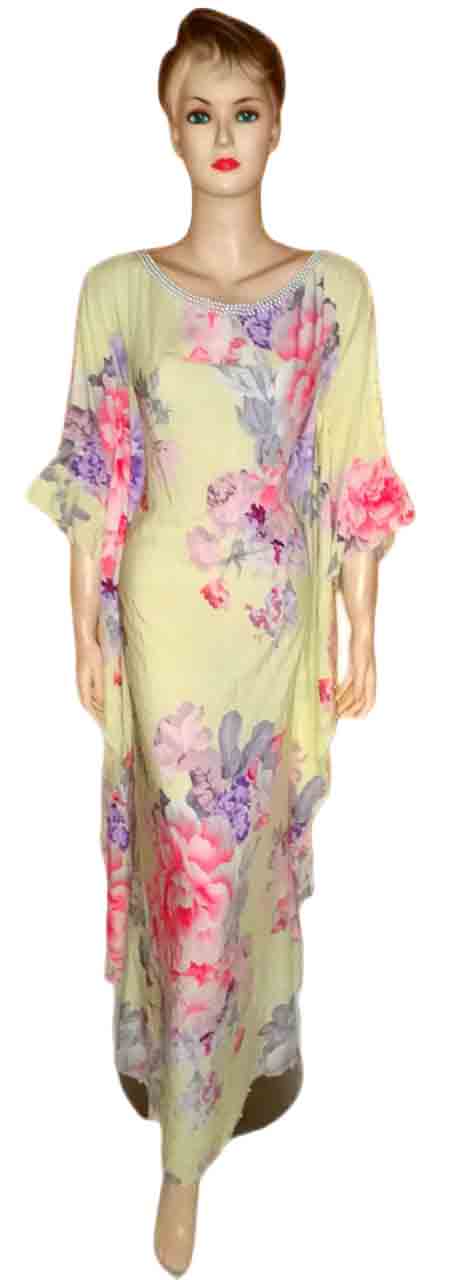 Crystal Beaded Floral Printed Linen Gown. Medium