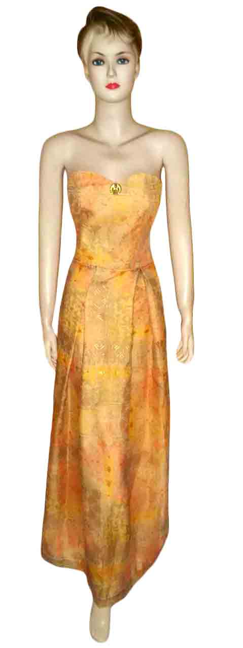 Sleeveless Crystal Beaded Golden Muslin Silk Gown. Medium