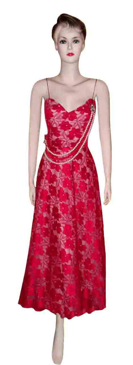 Sleeveless Crystal & Pearl Beaded Designer Red Midi. Medium.