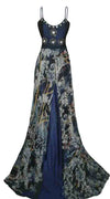 Crystal Beaded Printed Chiffon Sateen Gown. Medium.