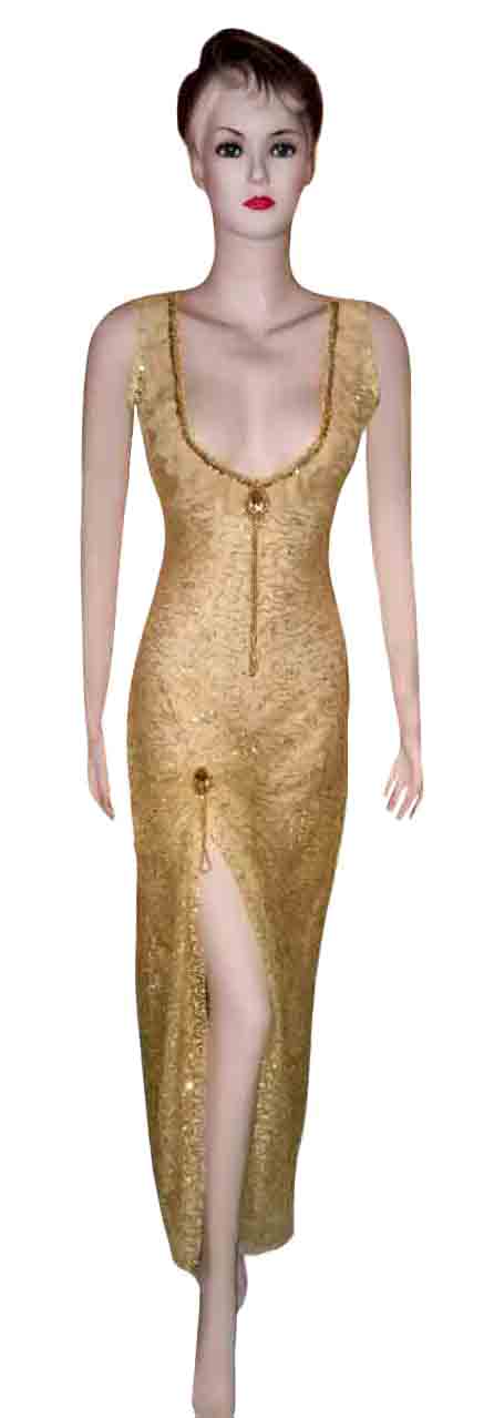 Diamond Beaded Golden Katan Net Dress. Medium