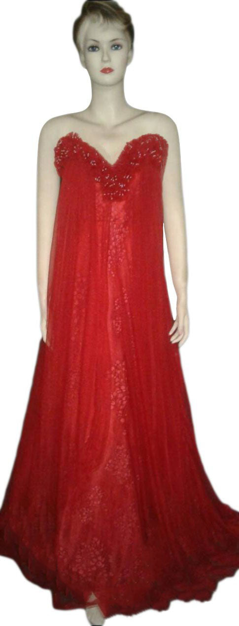 Sleeveless Handcrafted Chiffon Silk Red Gown. Medium