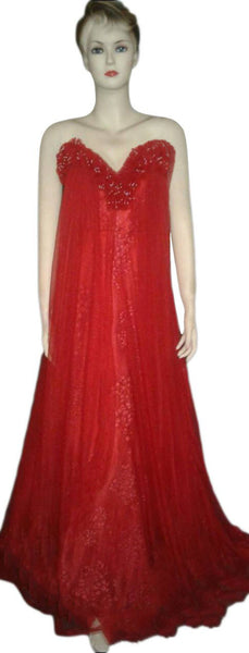 Sleeveless Handcrafted Chiffon Silk Red Gown. Medium