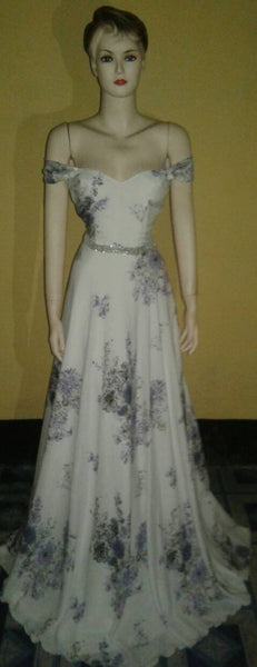 Off Shoulder Crystal Beaded Belt Royal Gown. Medium