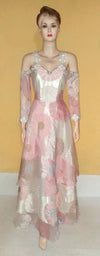 Full Sleeve White Crystal Beaded Silk Gown. Medium