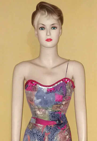 Sleeveless Crystal & Pearl Beaded Multicolored Chiffon Gown. Medium