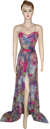 Sleeveless Crystal & Pearl Beaded Multicolored Chiffon Gown. Medium