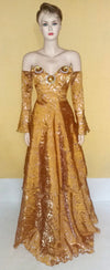 Off Shoulder Beaded Tissue Silk Katan Gown. Medium.