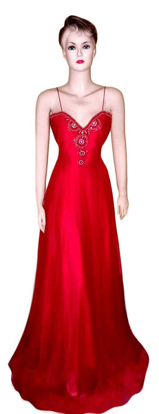 One Shoulder Artful Crystal Beaded Red Silk Gown, Small