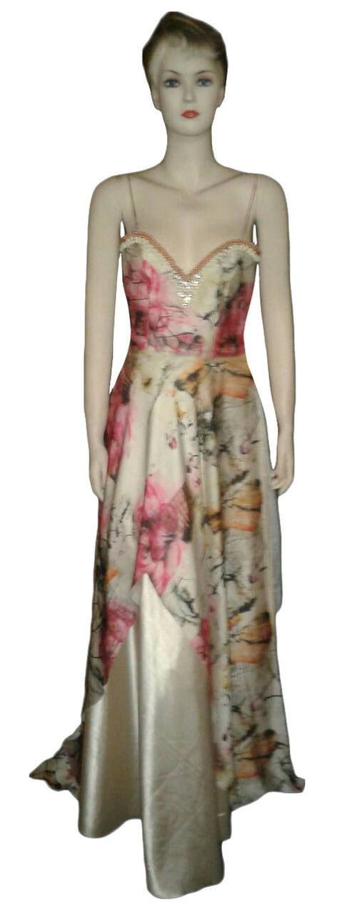 Sleeveless Pearl & Crystal Beaded Printed Silk Gown, Medium