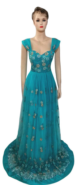 Sleeveless Beaded Floral Silk Sateen Net Gown.  Medium