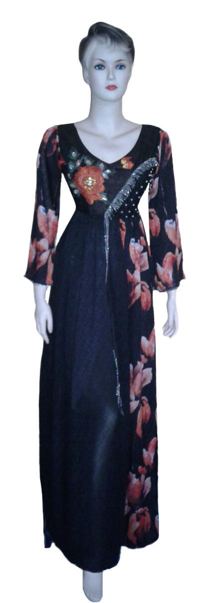 Floral Designer Beaded Linen Heavy Gown / Couture. Small