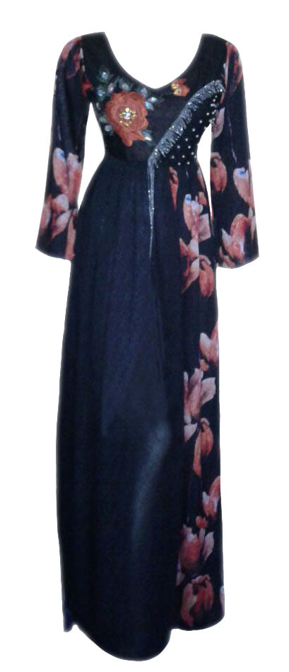 Floral Designer Beaded Linen Heavy Gown / Couture. Small