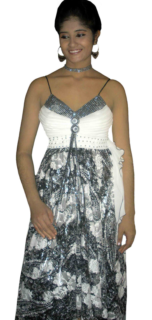 Sleeveless Crystal Beaded  Black & White Floral Silk Dress. Small