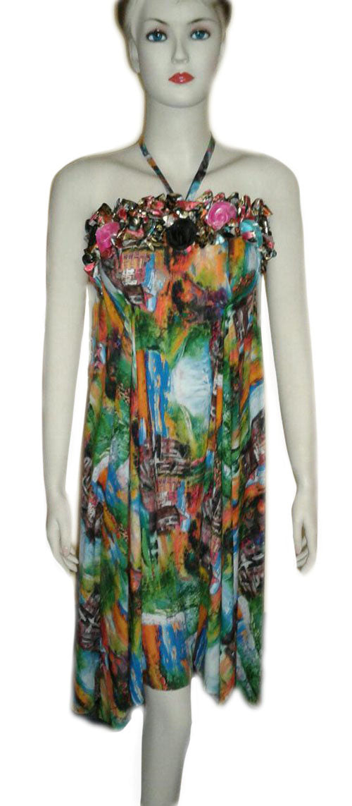 Sleeveless Crystal Beaded Multi Colored Linen Short  Dress. Medium