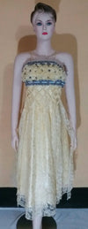 Sleeveless Hand-Stitched Golden Cream Silk Lace Designer Dress. Small