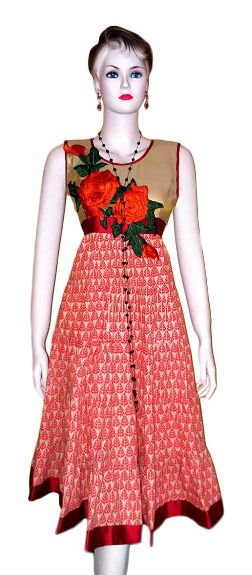 Handcrafted Floral Design Silk Cotton  Dress. Small.