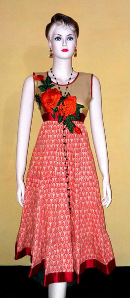 Handcrafted Floral Design Silk Cotton  Dress. Small.