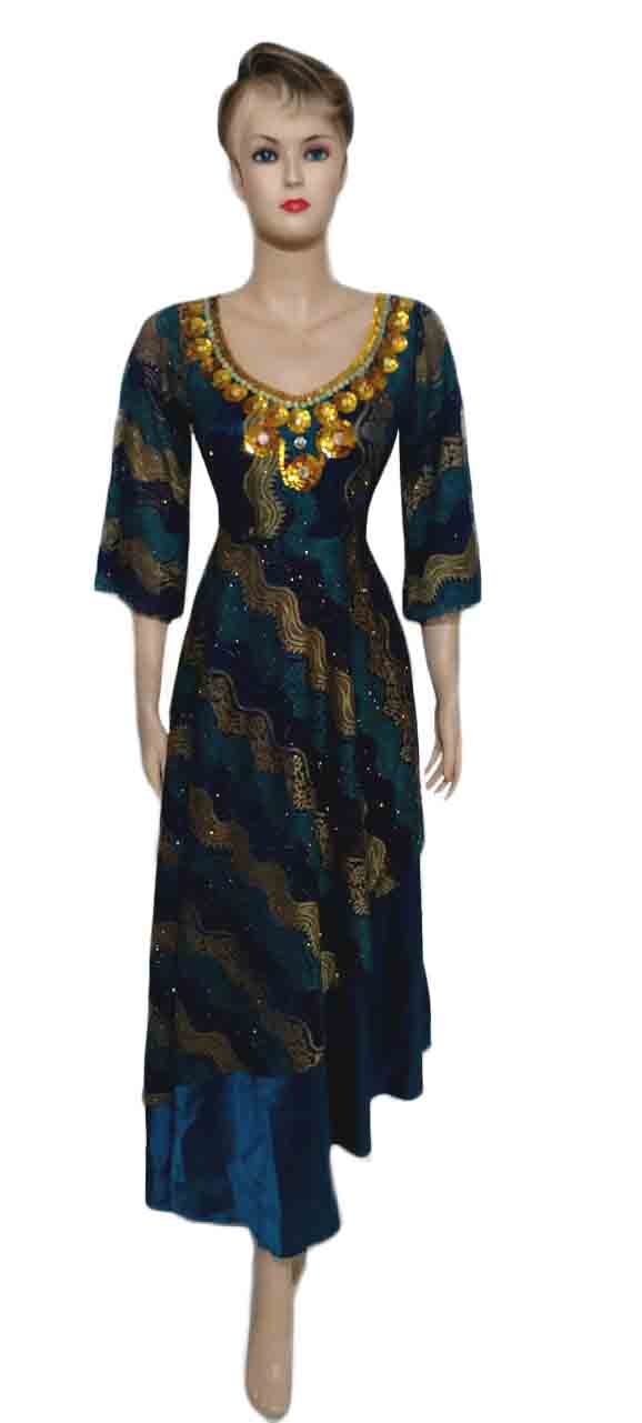 U Neck Beaded Silk Net Katan Dress. Medium.