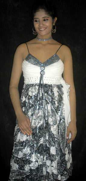 Sleeveless Crystal Beaded  Black & White Floral Silk Dress. Small