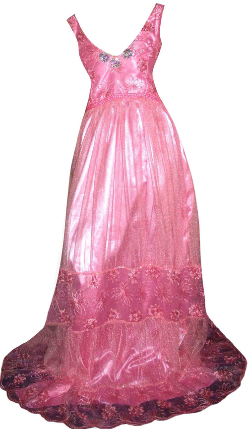 V Neck Crystal Beaded Pink Lace Evening Gown. Medium