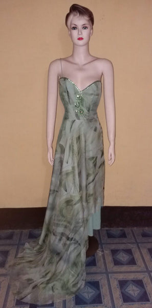 Sleeveless Crystal & Pearl Beaded Designer Silk Gown. Medium