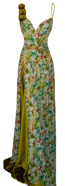 One Shoulder Pearl Printed Designer Sateen Chiffon Gown. Medium