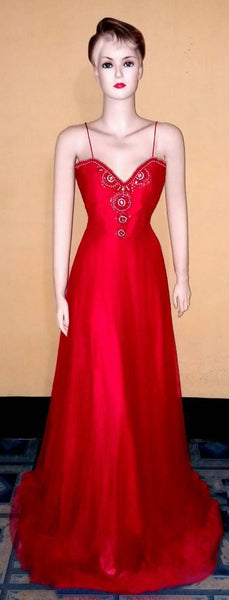 Sleeveless Pearl & Crystal Beaded Sateen Silk Net Gown. Medium