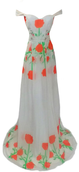 Off Shoulder Floral Design Chiffon Gown. Medium