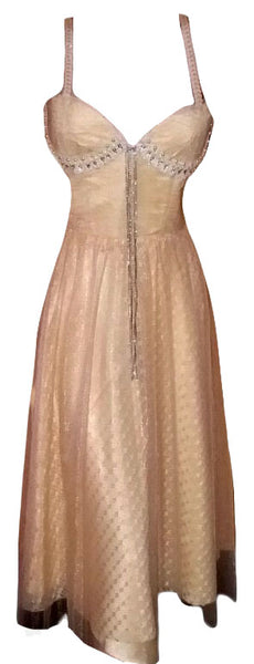 Sleeveless Pearl & Crystal Beaded Sateen Silk Net Golden Midi Dress . Medium.