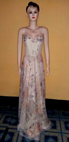 Sleeveless 1970s Crystal Beaded Floral Chiffon Gown. Medium