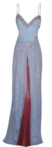 Sleeveless Pearl Beaded Silk Lace Latest Gown. Medium.