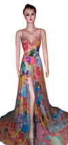 Sleeveless Pearl & Crystal Beaded Printed Royal Gown. Medium