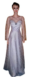 Full Sleeve Artful Crystal Beaded Designer Silk Gown. Medium.