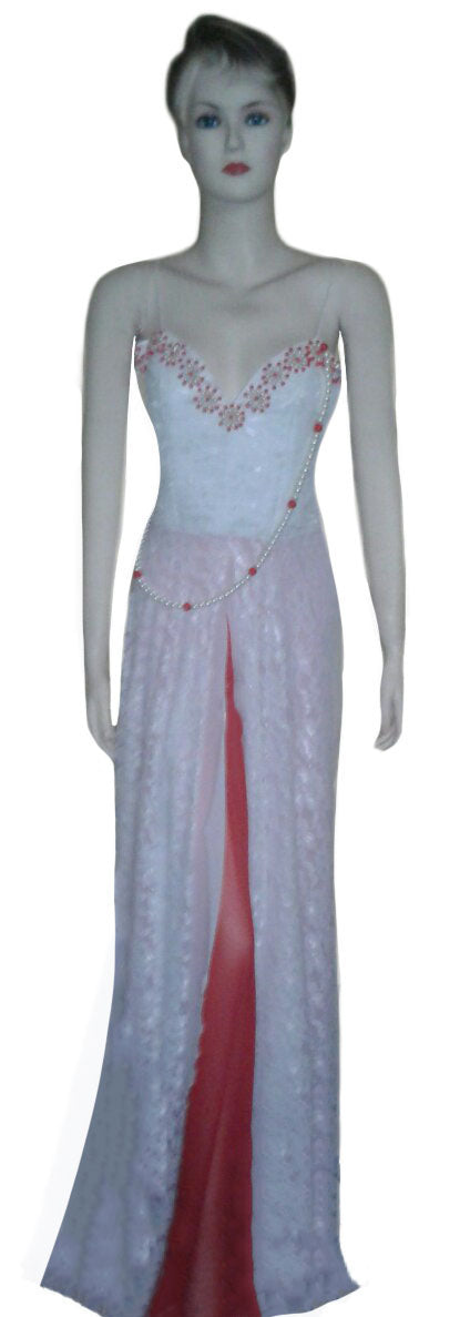 Sleeveless Pearl Beaded Silk Lace Latest Gown. Medium.