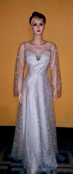 Full Sleeve Artful Crystal Beaded Designer Silk Gown. Medium.