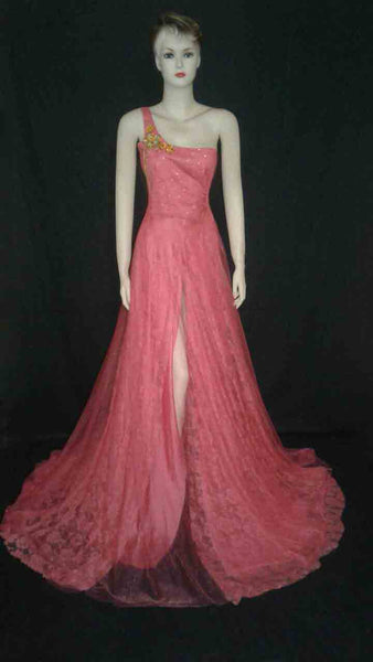 One Shoulder Crystal Beaded Silk Net Katan Royal Gown, Medium.